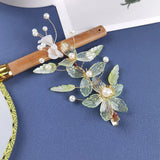 Green Flower Hairpin Hair Clip Pearl Alloy Leaf Shaped Headpiece