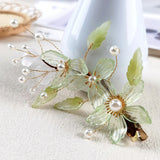 Green Flower Hairpin Hair Clip Pearl Alloy Leaf Shaped Headpiece