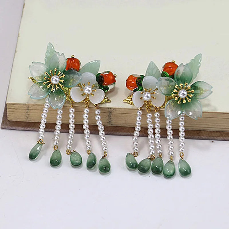 Green Flower Persimmon Hair Clips Hanfu Bride Headdress Hair Clip