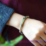Green Jade Bamboo Bracelets Carved Bangles Chalcedony Bracelet 925 Silver