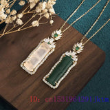 Green Jade Bamboo Pendant Necklace Chalcedony 925 Silver Amulets