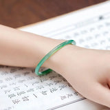 Green Jade Bangle Thin round Bracelet Chinese Natural Chalcedony Carved Charm