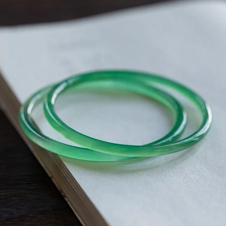 Green Jade Bangle Thin round Bracelet Chinese Natural Chalcedony Carved Charm