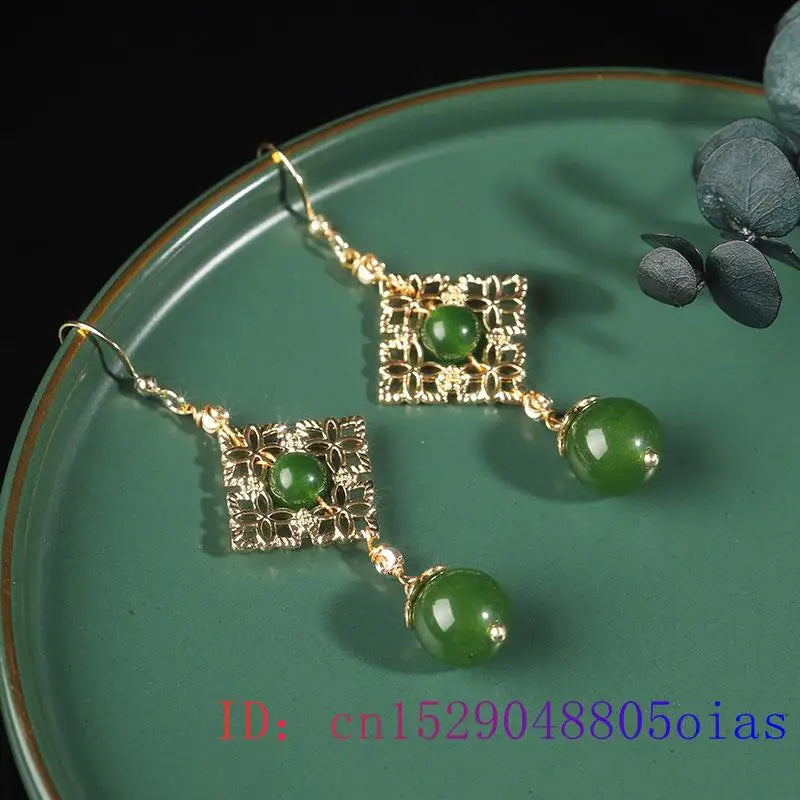 Green Jade Bead Earrings Chalcedony Jewelry Women 925 Silver Crystal