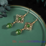 Green Jade Bead Earrings Chalcedony Jewelry Women 925 Silver Crystal