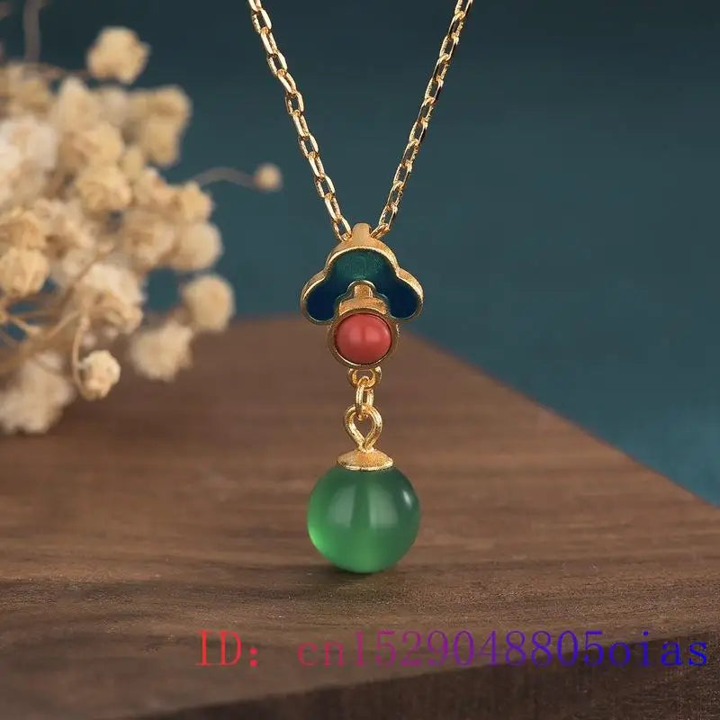 Green Jade Bead Pendant Necklace Chinese Gemstone 925 Silver Charm