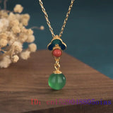Green Jade Bead Pendant Necklace Chinese Gemstone 925 Silver Charm