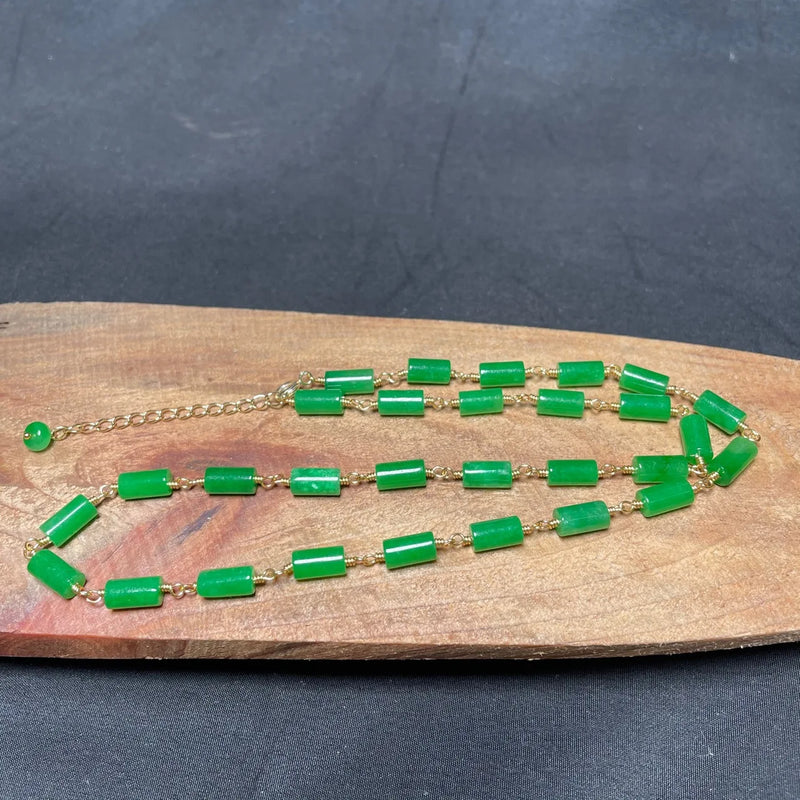 Green Jade Beaded Necklace Vintage 925 Silver Jewelry Stone for Women