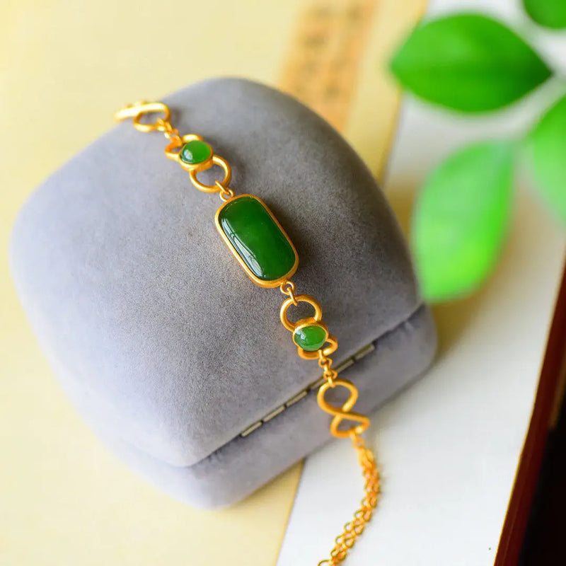 Green Jade Bracelet 925 Silver Chalcedony Amulet Chinese Jewelry