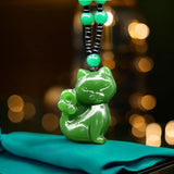 Green Jade Cat Pendant Necklace Charm Jewelry Chinese Jadeite Amulet