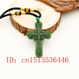Green Jade Cross Jesus Carved Pendant Chinese Necklace Charm Jadeite Lucky