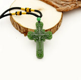 Green Jade Cross Jesus Carved Pendant Chinese Necklace Charm Jadeite Lucky
