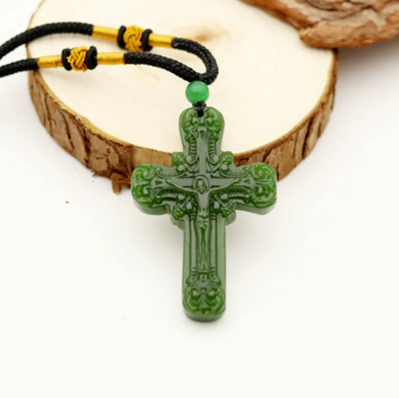 Green Jade Cross Jesus Carved Pendant Chinese Necklace Charm Jadeite Lucky