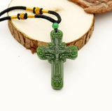 Green Jade Cross Jesus Carved Pendant Chinese Necklace Charm Jadeite Lucky