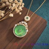 Green Jade Donut Pendant Necklace 925 Silver Jewelry Chalcedony Charm Vintage