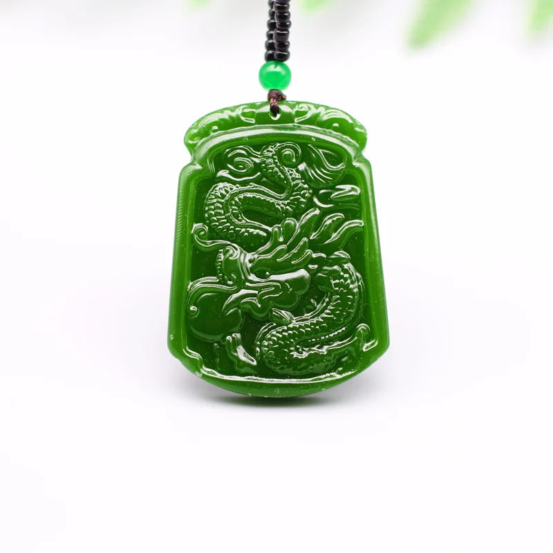 Green Jade Dragon Pendant Necklace Hand-Carved Natural Charm Jadeite Jewelry