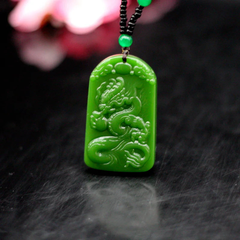 Green Jade Dragon Pendant Necklace Natural Jadeite Hand-Carved