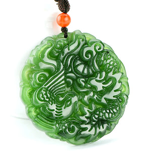 Green Jade Dragon Phoenix Pendant Necklace for Women