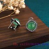 Green Jade Earrings Chinese Accessories 925 Silver Vintage Carved Women