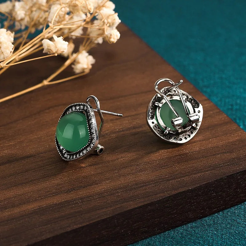 Green Jade Earrings Chinese Accessories 925 Silver Vintage Carved Women