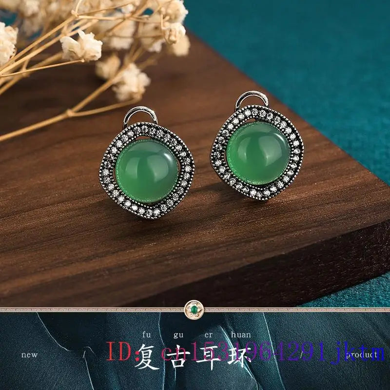 Green Jade Earrings Chinese Accessories 925 Silver Vintage Carved Women
