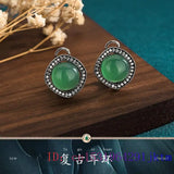 Green Jade Earrings Chinese Accessories 925 Silver Vintage Carved Women