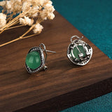 Green Jade Earrings Chinese Accessories 925 Silver Vintage Carved Women