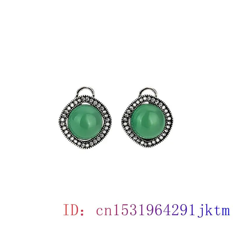 Green Jade Earrings Chinese Accessories 925 Silver Vintage Carved Women