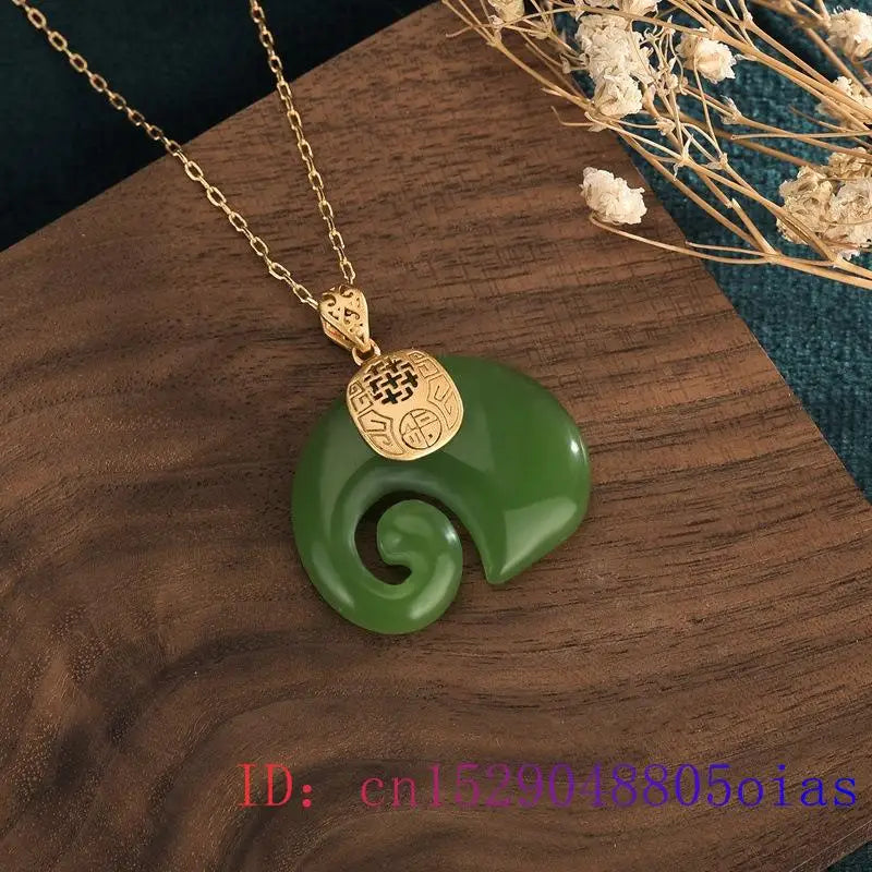 Green Jade Elephant Pendant Chalcedony Silver Charm Necklace