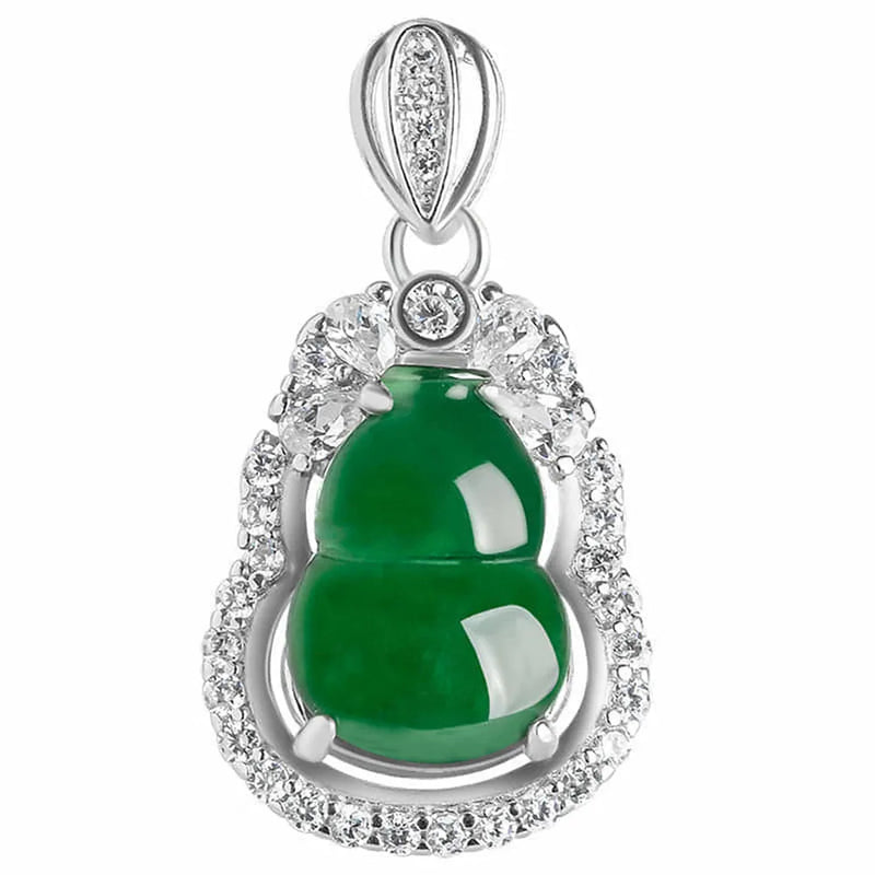 Green Jade Emerald Gemstones Lucky Gourd Pendant Necklace 925 Silver Jewelry