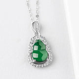 Green Jade Emerald Gemstones Lucky Gourd Pendant Necklace 925 Silver Jewelry
