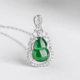 Green Jade Emerald Gemstones Lucky Gourd Pendant Necklace 925 Silver Jewelry