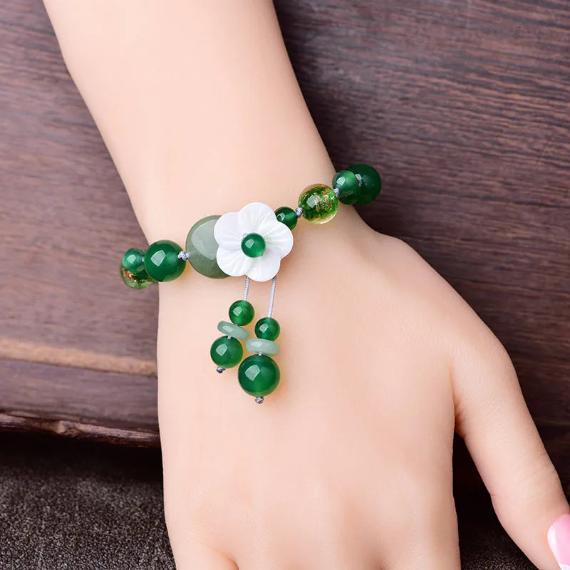 Green Jade Flower Bracelet Natural Chalcedony Amulet 925 Silver Men