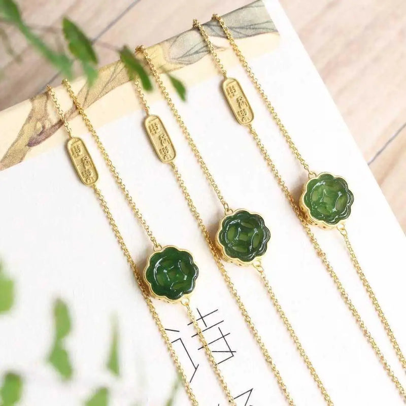 Green Jade Flower Bracelet Chalcedony Jewelry Men Bangles 925 Silver