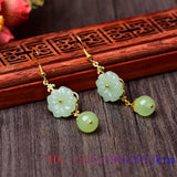 Green Jade Flower Earrings Gemstones Amulets Jewelry Women Jadeite 925 Silver