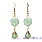 Green Jade Flower Earrings Gemstones Amulets Jewelry Women Jadeite 925 Silver