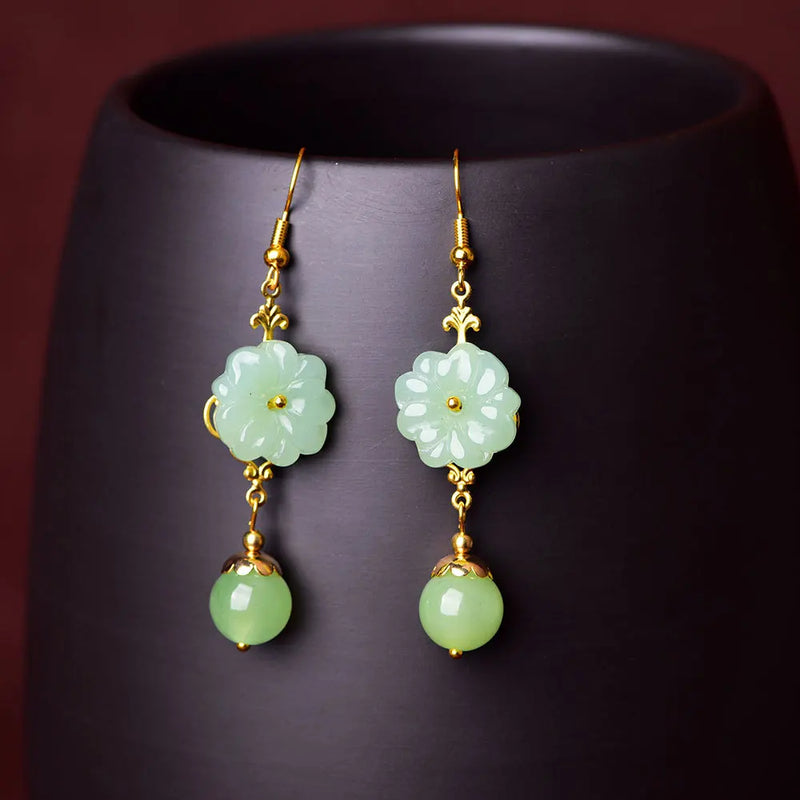Green Jade Flower Earrings Gemstones Amulets Jewelry Women Jadeite 925 Silver