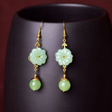 Green Jade Flower Earrings Gemstones Amulets Jewelry Women Jadeite 925 Silver