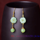 Green Jade Flower Earrings Gemstones Amulets Jewelry Women Jadeite 925 Silver