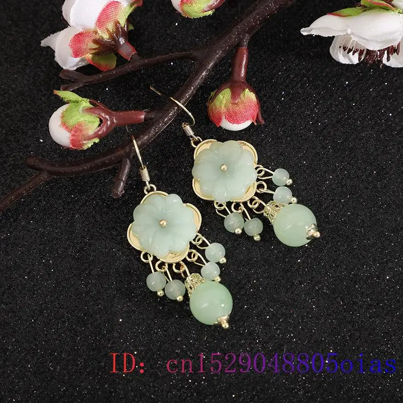 Green Jade Flower Earrings Vintage Charms Stone Talismans
