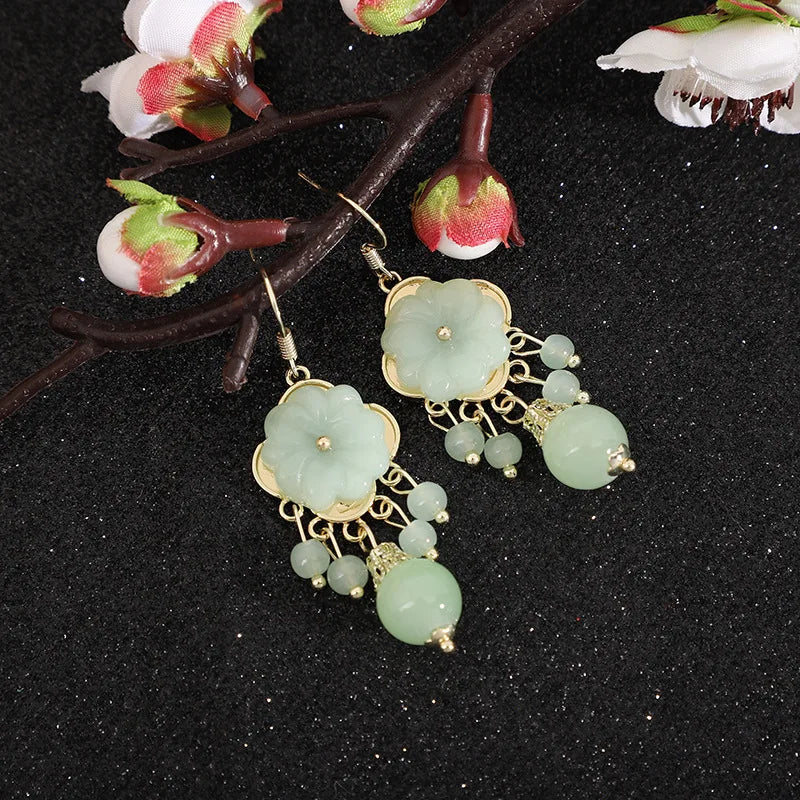 Green Jade Flower Earrings Vintage Charms Stone Talismans