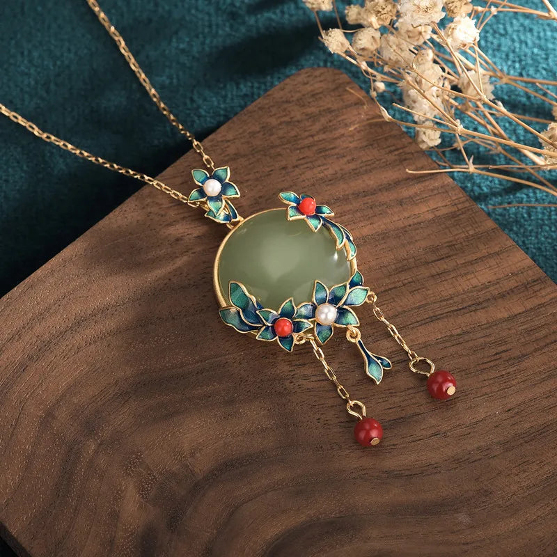 Green Jade Flower Pendant Choker Necklace 925 Silver Talismans Carved Jewelry