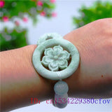 Green Jade Flowers Elastic Bracelet Women Bangle Jadeite Amulet Charm