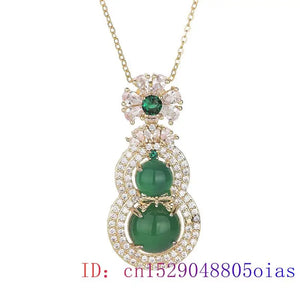 Green Jade Gourd Necklace Pendant Talismans Gift 925 Silver Gemstone