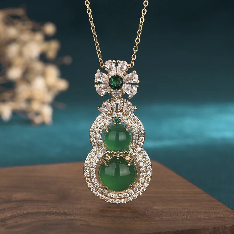 Green Jade Gourd Necklace Pendant Talismans Gift 925 Silver Gemstone