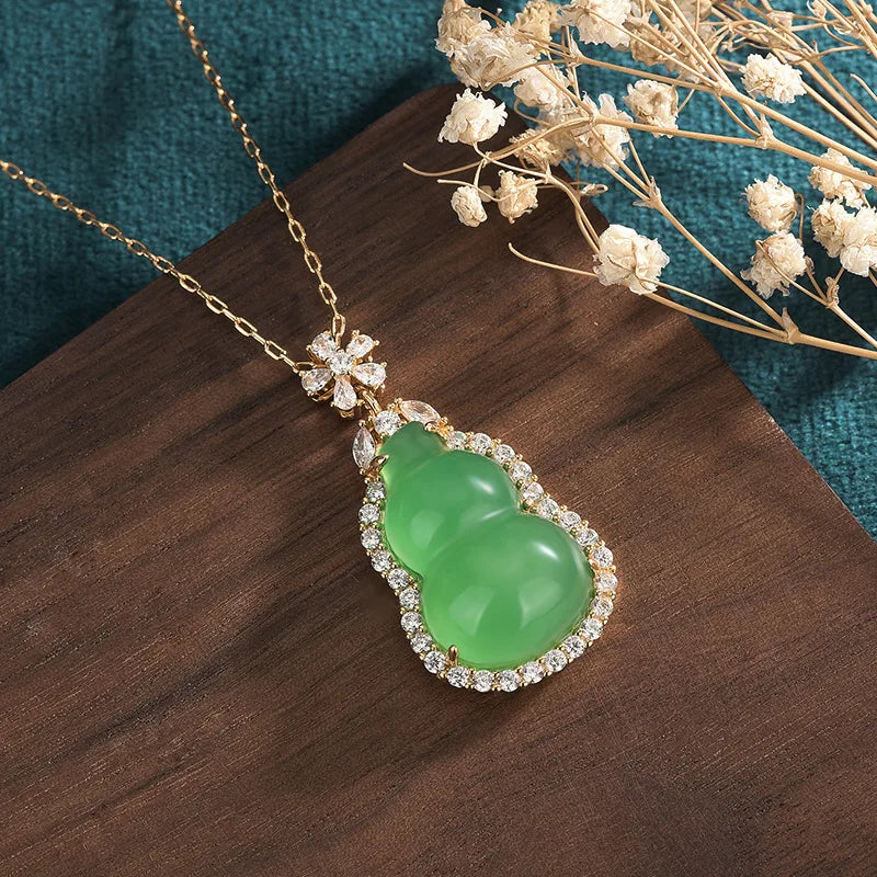 Green Jade Gourd Pendant Necklace 925 Silver Amulet Chalcedony Carved