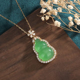 Green Jade Gourd Pendant Necklace 925 Silver Amulet Chalcedony Carved