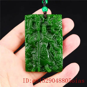 Green Jade Guangong Pendant Natural Men Chinese Carved Jewelry Necklace Amulet