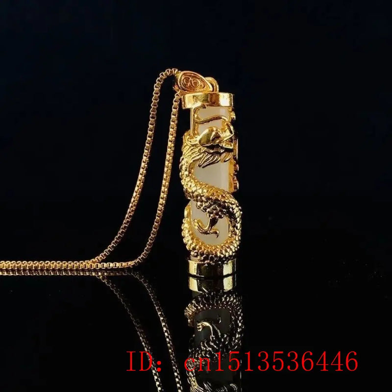 Green Jade Dragon Pillar Pendant 925 Silver Necklace