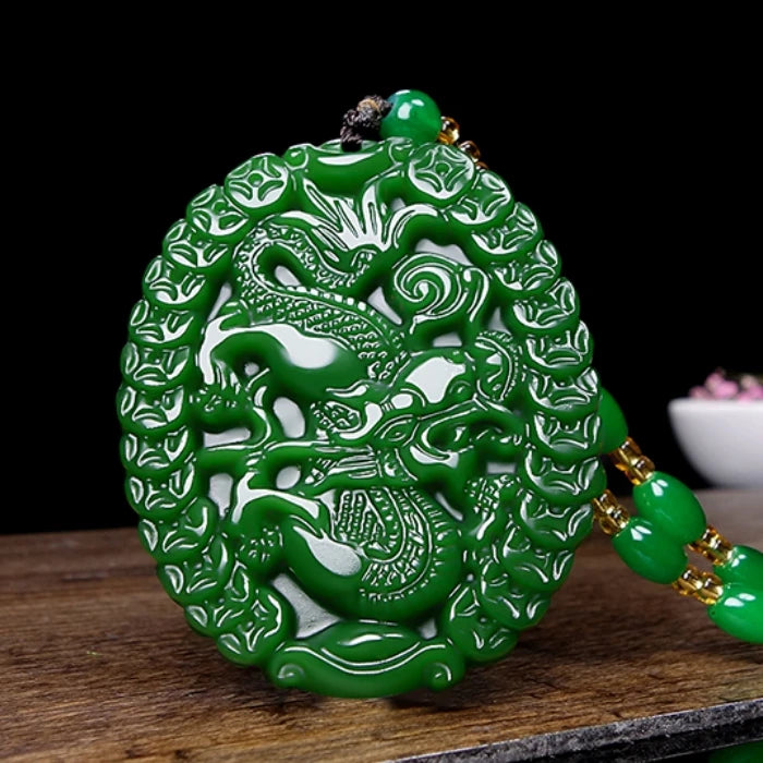 Green Jade Money Dragon Pendant Necklace Chinese Hand-Carved Luck Gift Amulet